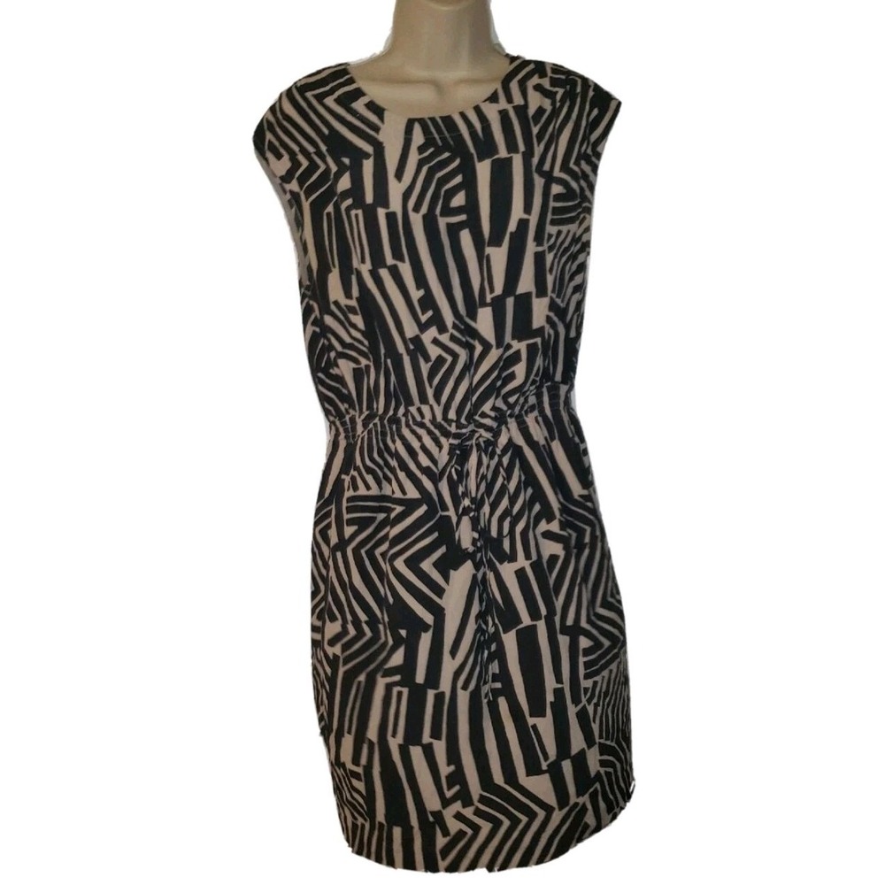 Ann Taylor LOFT Trible Print Sheath Dress Cap‎ Sleeve Drawstring Tie Waist  Sz M